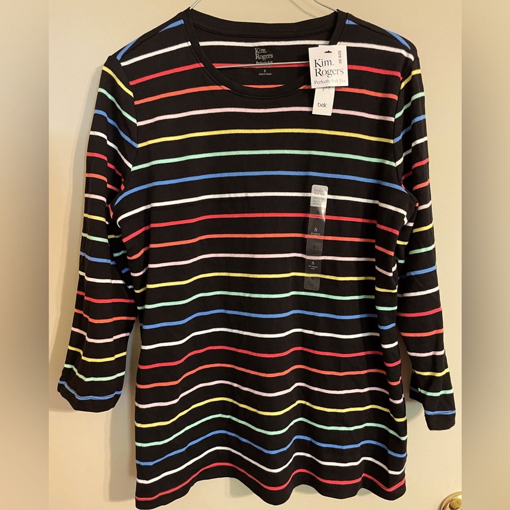 Kim Rogers 3/4 Sleeve Multicolor Striped Black Top